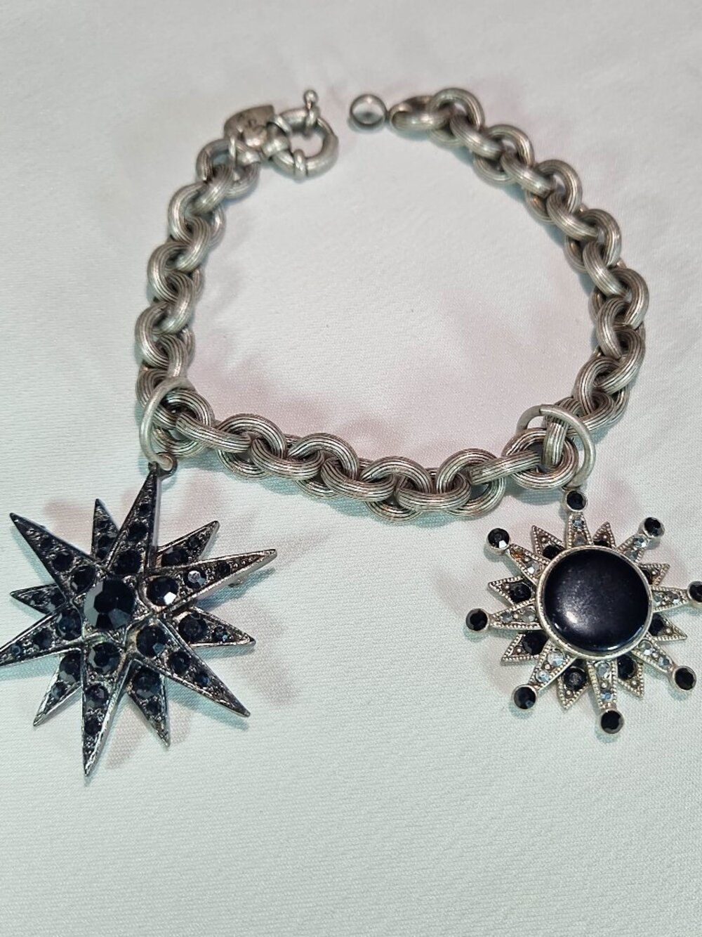 1970s Vintage Silver Tone Metal Chain Bracelet with Black Rhinestone Star Charms